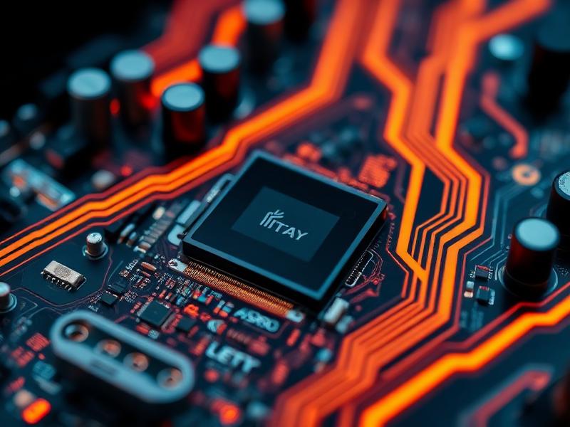 Macro shot of a circuit board with glowing orange data traces